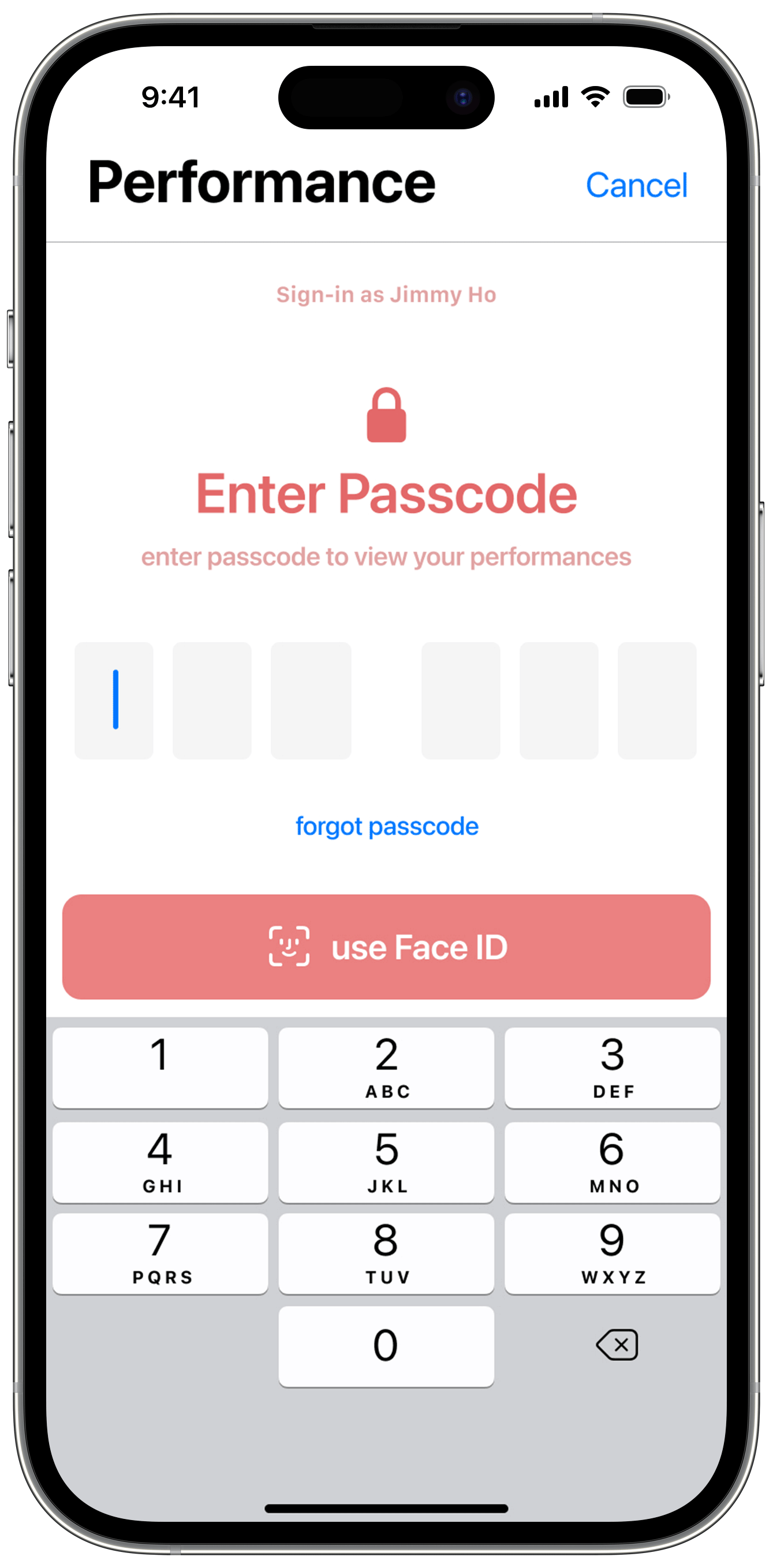 Passcode Protection:
To protect student privacy, a 6-digit passcode is required to view contents in the Performance tab. Students can enable Face ID or Touch ID for faster access.